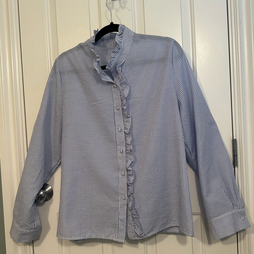 Seersucker Blue and White Striped Ruffle Button-Up Shirt